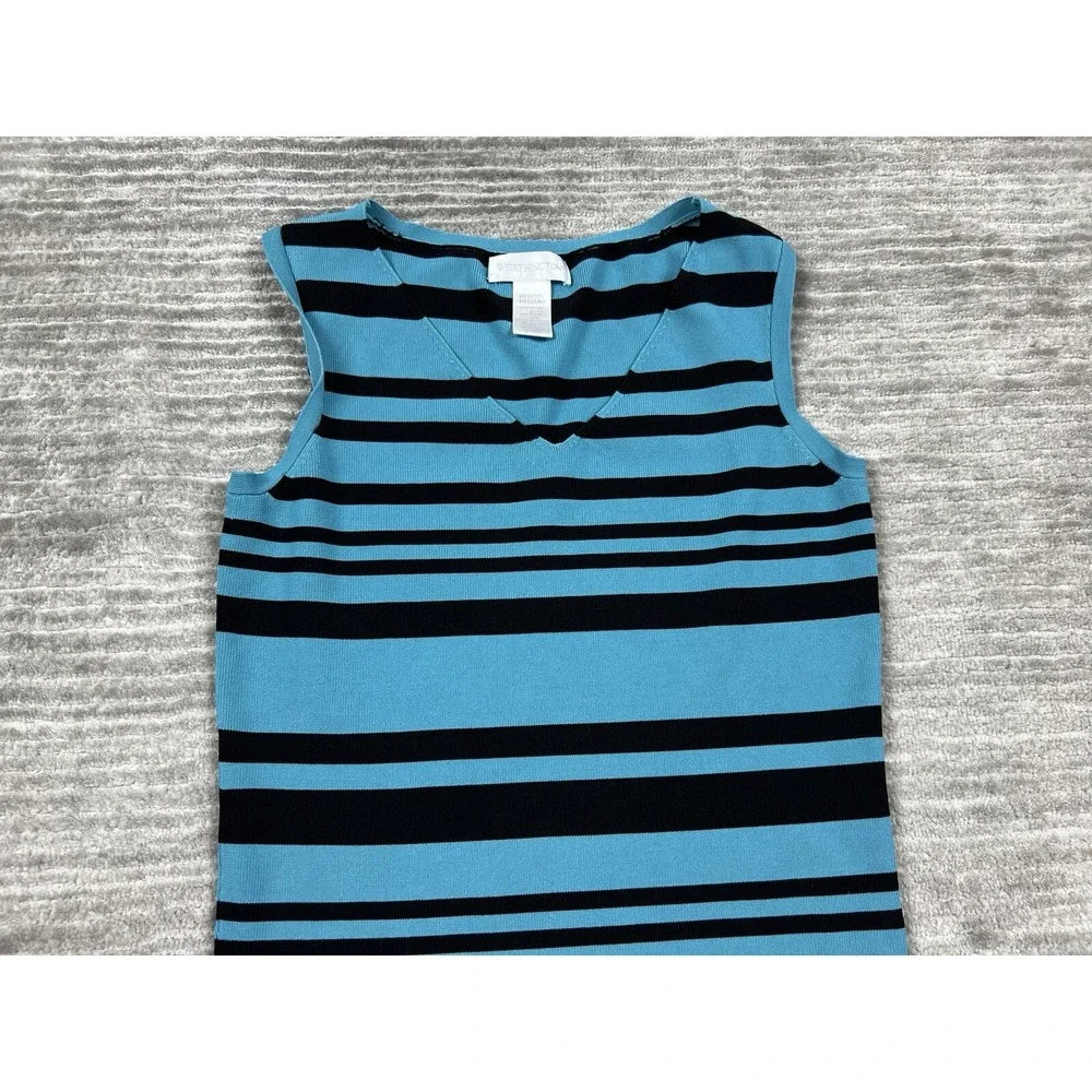 Vintage Worthington Top Womens Medium Blue Black Striped V-Neck Sleeveless‎